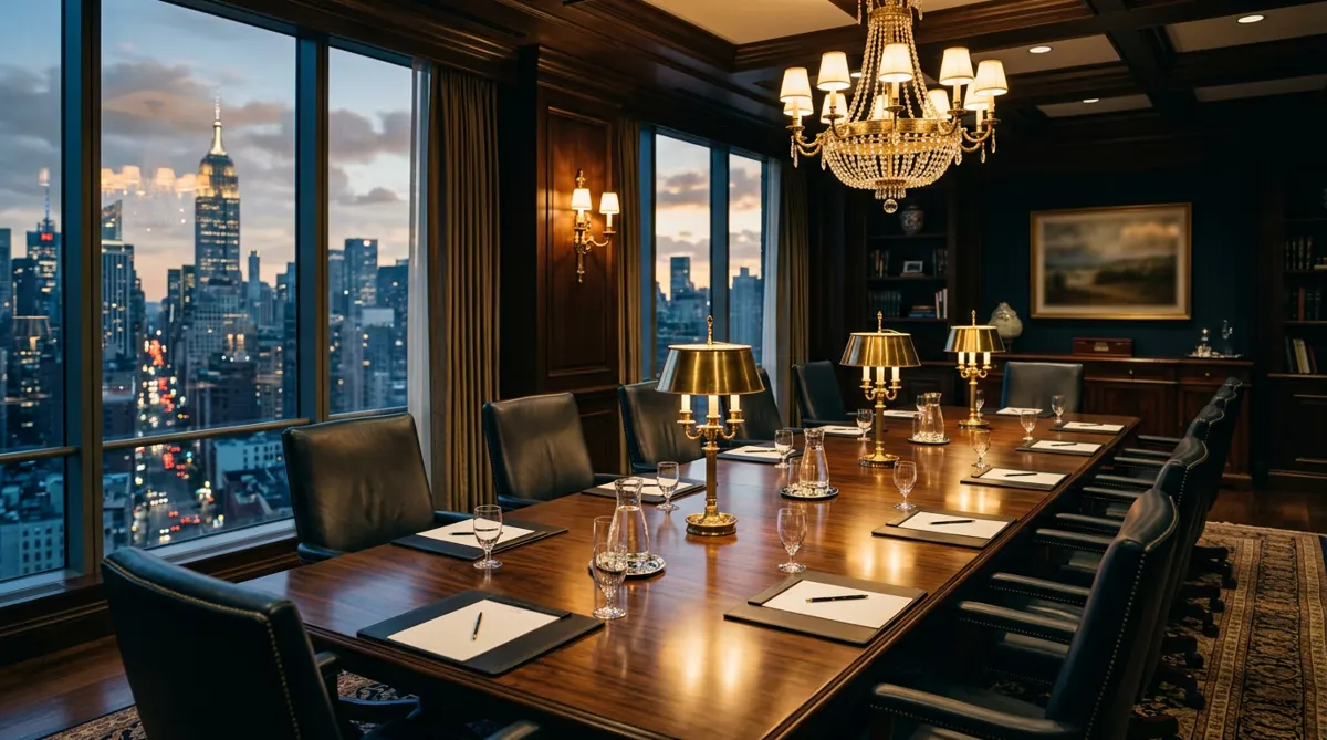 An executive boardroom overlooking the city at dusk