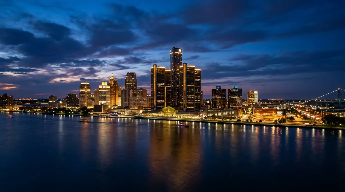 The Detroit skyline at dusk across the river
